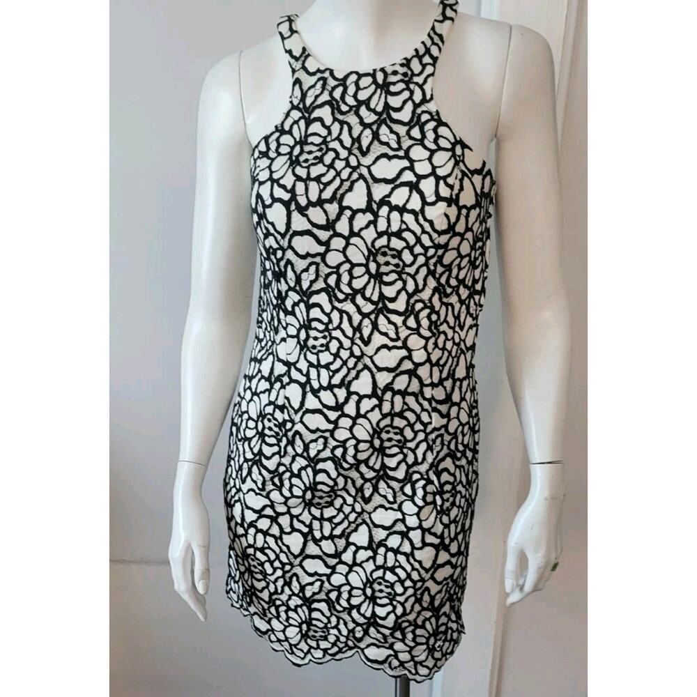 Dear Moon Womans Midi Dress Black/White Sz. S Floral Embroidered Cocktail/Party